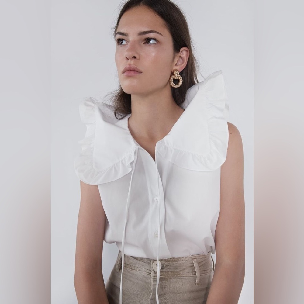 NWT Zara White Sleeveless Ruffled Collar Button Poplin  Down Shirt XS